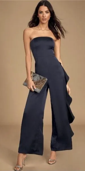 Lulus Navy Strapless Satin Jumpsuit thumbnail 1