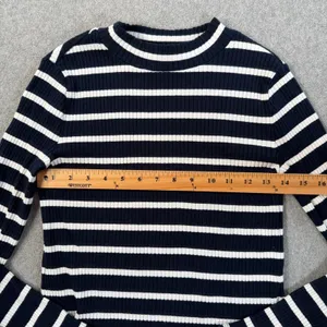 Banana Republic Women's XS Navy Blue White Striped Ribbed Mock Neck Top Stretch thumbnail 3