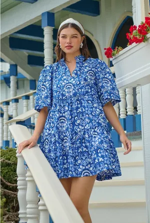 Sugarlips Lulu Floral Dixie‎ Split Neck Shift Dress Blue Floral Paisley Tiered M thumbnail 1