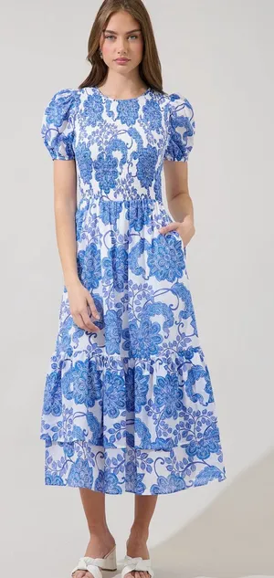 Sugar Lips Blue White Floral Puff Sleeve Smocked Midi Dress Pockets Cotton Cottagecore NEW thumbnail 1