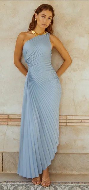 NWT o.p.t Perko Light Blue Size XS pleated one shoulder maxi Few Moda thumbnail 1