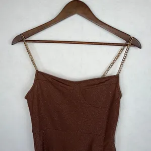 Cider Dress Women Small Brown Shimmer Ruched Chain Strap Asymmetrical Midi Glam thumbnail 2