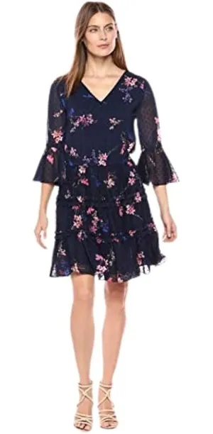 Eliza J Navy Floral Clip Dot Tiered Ruffle Fit &‎ Flare Dress Bell Sleeve Size 2 thumbnail 1