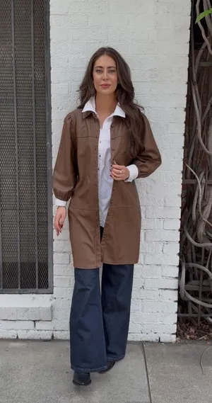 7 For All Mankind brown faux leather balloon sleeve button up front coat M #preppy #oldmoney #professor #minimalist thumbnail 1