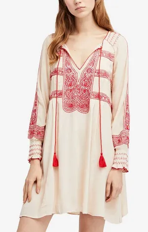 Free People Wind Willow Mini Dress Cream and Red Embroidered thumbnail 1