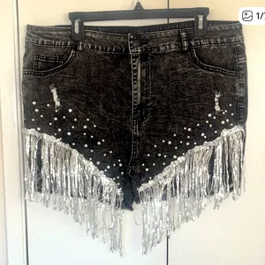 New Collection festival Silver Fringe Denim stretchy cowgirl Shorts size XXL thumbnail 1