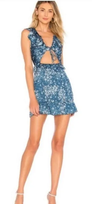 TULAROSA NWT Tanya Satin Blue Floral Cut-Out Ruffle Dress with Tie‎ front Medium thumbnail 1