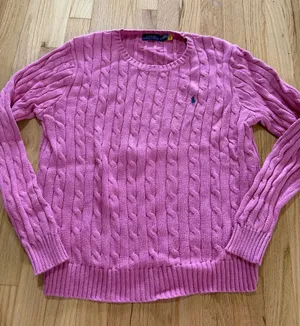 Polo Ralph Lauren Pink Cableknit Cotton Crewneck Sweater Sz L thumbnail 1