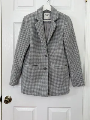 Abercrombie & Fitch Houndstooth Blazer Coat XS Classic Preppy Old Money Gray thumbnail 2