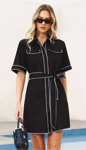 Commense NWT Black Contrast Stitch Belted Shirt Dress Small Linen Blend Sold Out thumbnail 1