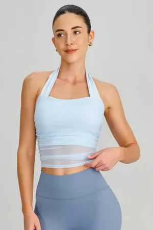 Berlook Activewear Light Blue Halter Neck Ruched Mesh Sports Bra thumbnail 1