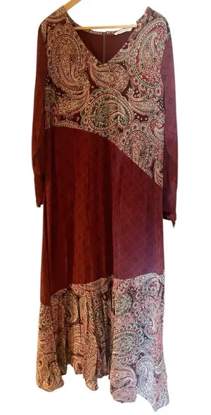 Soft Surroundings Aideen Maroon Mixed Print Long Sleeve‎ Maxi Dress Size Large thumbnail 1