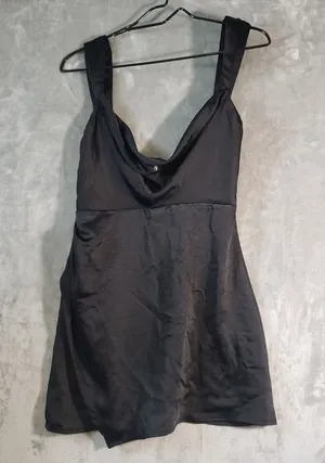 Runaway the Label Black Cowl Neck Strappy Satin Slip Mini Dress Sleeveless M thumbnail 1
