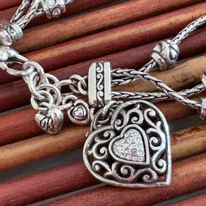 Brighton Three Strand Silver Heart Charm Bracelet with Crystal Accents thumbnail 4