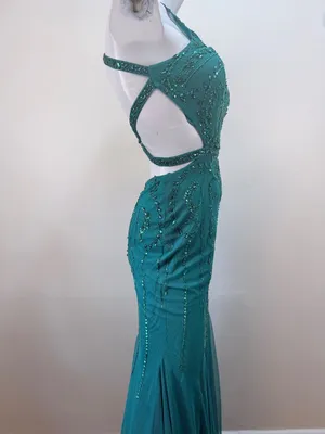 Y2K Sean Collection Beaded Teal Green Cutout Mermaid Trumpet Gown Sz 6 thumbnail 8