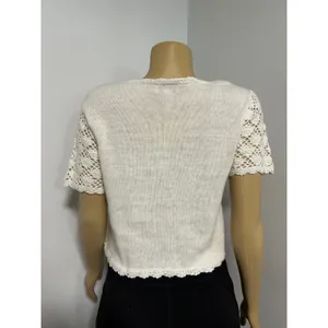 SWL Sport Ltd Womens Cream Crochet Open Knit Short Sleeve Cardigan Sweater Small thumbnail 5
