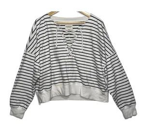 Abercrombie & Fitch Soft AF White Black Stripe Sweatshirt V-Neck Sweater Size XL thumbnail 1