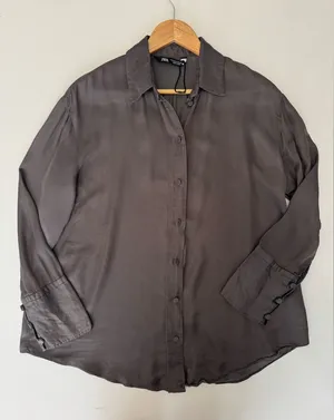 Zara Button Down Shirt Long Sleeve‎ Collared Blouse Top Gray Size M thumbnail 1