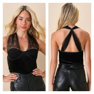 NWT‎ Lulus Flirty Influence Lace Velvet Bustier Halter Top S Black Coquette thumbnail 2