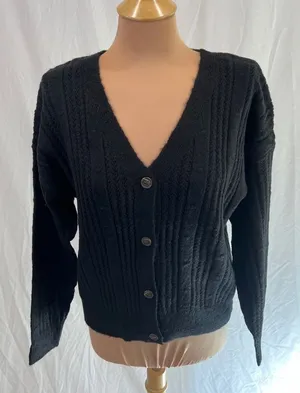 Active USA Women's Size Large Black‎ V-Neck Cardigan Sweater Cozy Basic Crop thumbnail 1