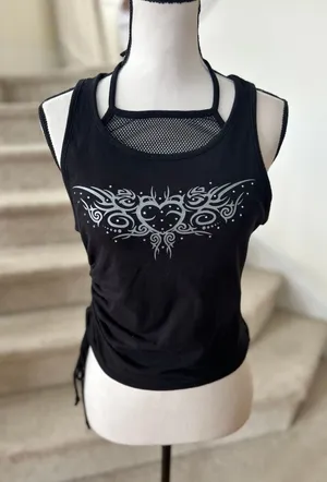 Hot Topic Black Ruched Mesh Halter Rhinestone Heart Moto Graphic Tank Top thumbnail 1