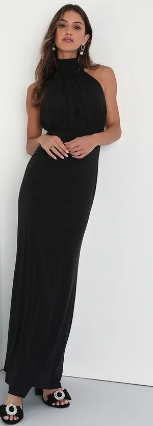Lulus Romantic Chance Black Halter Backless Mermaid Maxi Dress Bridesmaid Sz L thumbnail 1
