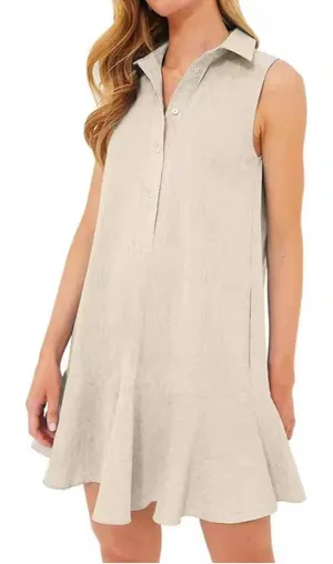 Sleeveless Beige‎ Cotton Linen Ruffle Hem Shirt Dress M NWT Pockets Chic thumbnail 1