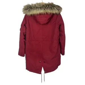 Zara‎ Red Full Zip Cinched Waist Fur Trim Hood Parka Jacket S thumbnail 2
