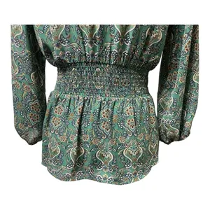 Max Studio Green Paisley Tie Front Peplum Blouse Size Small | Smocked Back V-Nec thumbnail 8