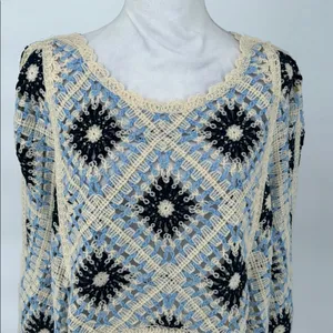 House Of Harlow 1960 Blue and Cream Crochet Fringe Sweater Shrug Coverup One Siz thumbnail 5
