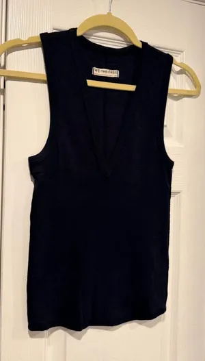 NWOT We The Free Size S Black Ribbed Cotton Stretch Deep V Neck Tank Top thumbnail 1