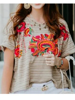 Free People Beige Striped Crop Top with Neon Floral Embroidery-mushroom combo thumbnail 8