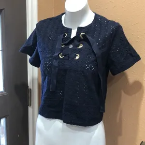 Zara navy blue short sleeve blouse thumbnail 2