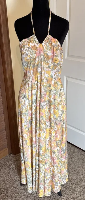 En Saison Kasey Yellow Floral Halter Maxi Dress Large Boho Beach Cowgirl thumbnail 1
