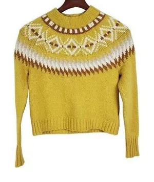 American Eagle Sweater XS Yellow Tan Fairisle Cropped Aztec High Crew Neck Soft thumbnail 1