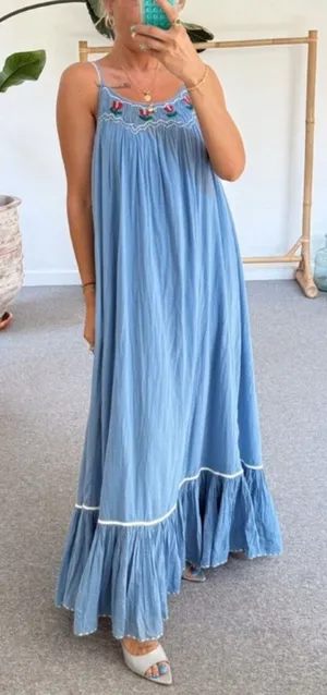 NEW Free People Tip Toeing Tulip Embroidered Gauze maxi Blue Dress sz M thumbnail 1