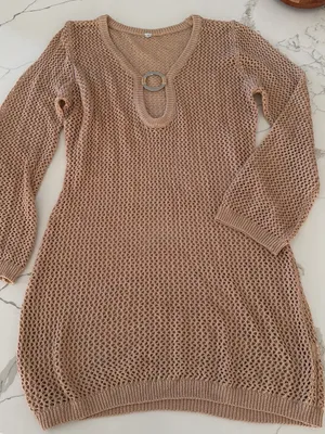 Open-Knit Long Sleeve Swim Coverup Tunic in Tan with Ring Detail thumbnail 1