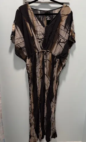 Bamboo Blonde Maxi Dress Large Black Brown Tie Dye Rayon Drawstring Waist V-Neck thumbnail 1