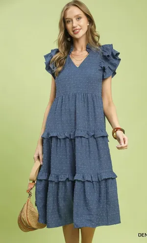 Umgee‎ Textured Ruffle Sleeve Tiered Midi Dress - Denim - Small thumbnail 1