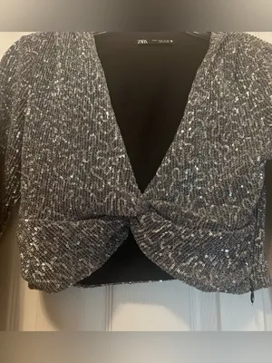 Zara Metallic Silver Twist-Front Long-Sleeve Crop Top thumbnail 4