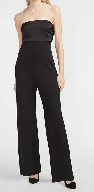 Express black pieced satin strapless bow tie back wide leg jumpsuit XS new nwt thumbnail 1