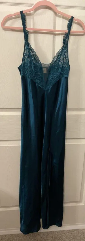 Vintage Victoria’s Secret Gold Label Satin Lace Teal Slip Side Slit Gown, M thumbnail 1
