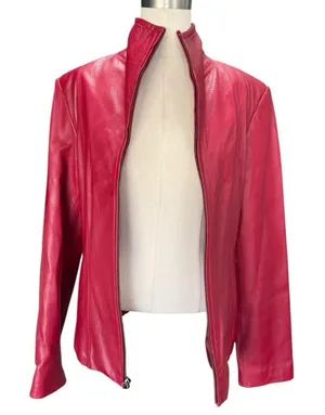 Siena Women's Red Leather Jacket Small Zip Front Moto Biker Coat Lined Slim thumbnail 1