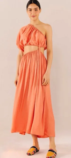 Farm Rio One-Shoulder Coral Cutout Maxi Dress Size L Boho Flowy Tropical Vibrant thumbnail 1