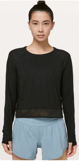 Lululemon Womens Stripe in Stride Long Sleeve Mesh Trim Athletic Top Black 6 thumbnail 1