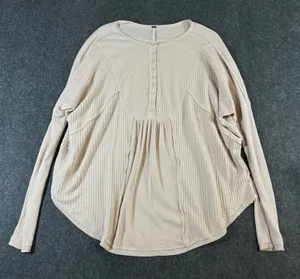 Free People Women‎ Beige Waffle Knit Ribbed Henley Thermal Top Small OB1013778 thumbnail 1