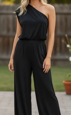 Free People Size Small Elegant Black One-Shoulder linen Jumpsuit size 6 box 5 thumbnail 1