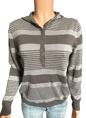 Long sleeve gray stripe half button Henley hoodie sweatshirt top M thumbnail 2