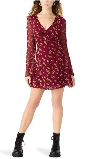 Betsey Johnson Babydoll Dress XL Red‎ Gold Floral Flocked Tie Front Y2K Style thumbnail 1