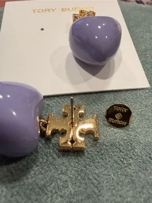 Tory Burch | Gold Plated & Crystal Logo with Lilac Heart Drop Earrings thumbnail 4